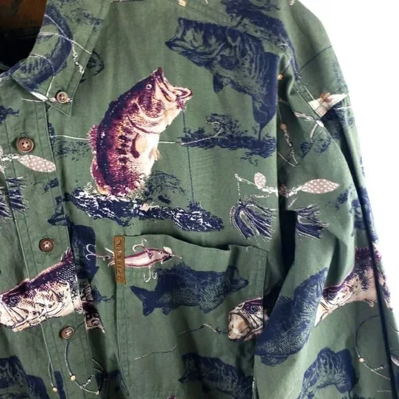 Men's The North River Green Button Up Long Sleeve Bass Fish Shirt Size Large - Picture 5 of 11